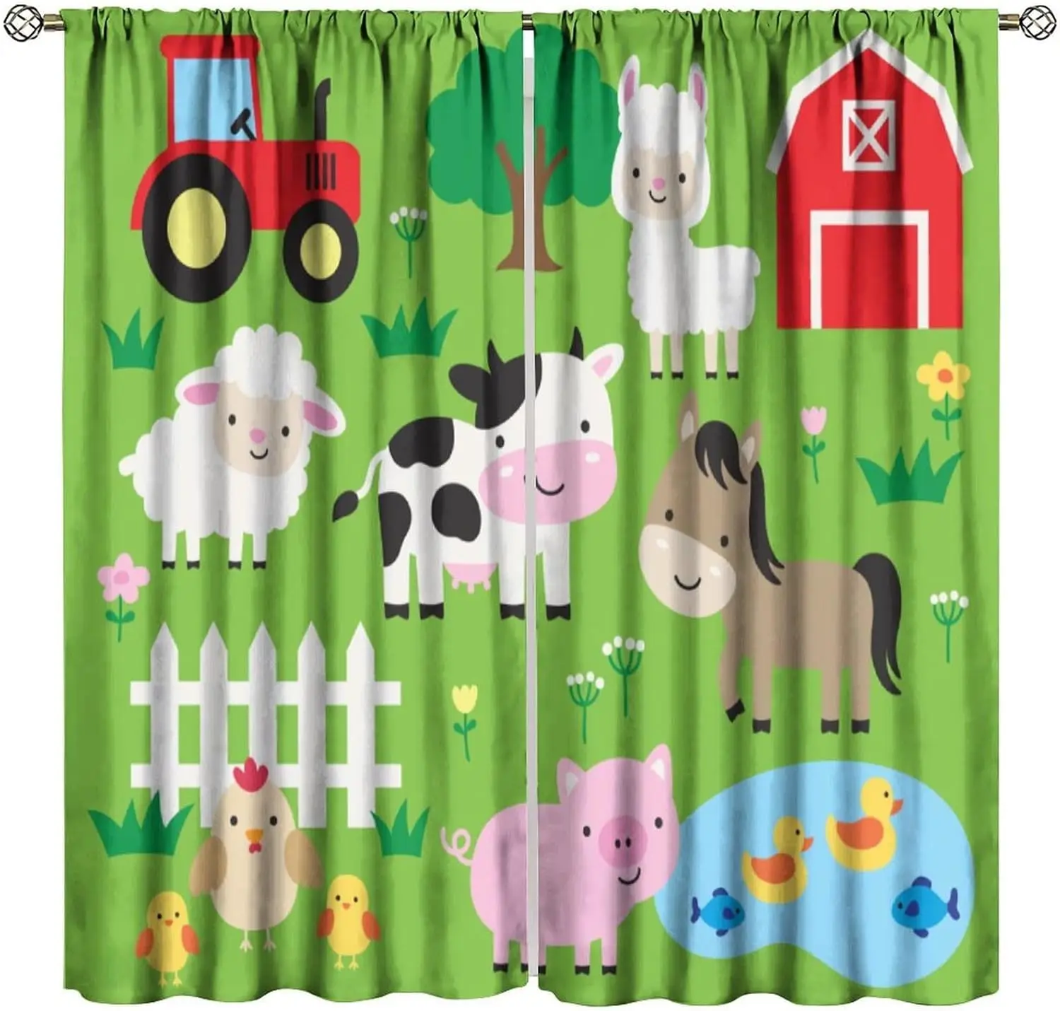 Farm Animals Curtains for Kids Bedroom,Cartoon Cute Ranch Farmhouse Barn Cow Horse Pig Chicken Print Window Treatments for Girls