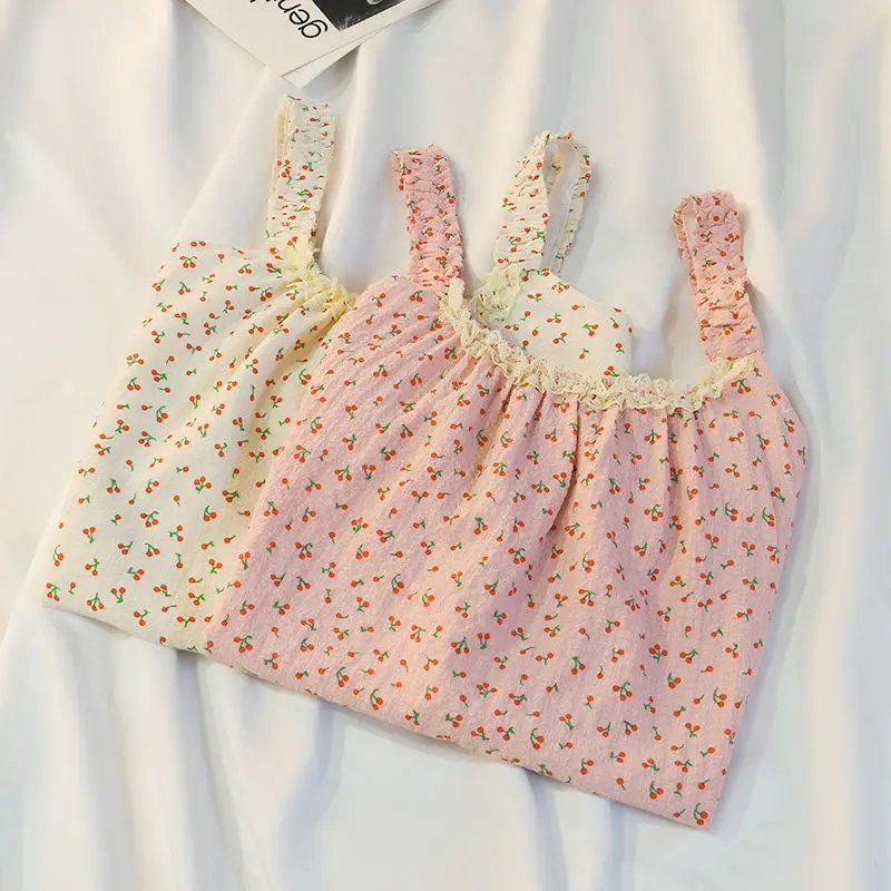 

Летние пижамные комплекты с вишневым принтом для женщин, кружевные милые наряды без рукавов, сексуальная одежда для сна, ночная уютная милая одежда для девочек, Harajuku, домашняя Mujer