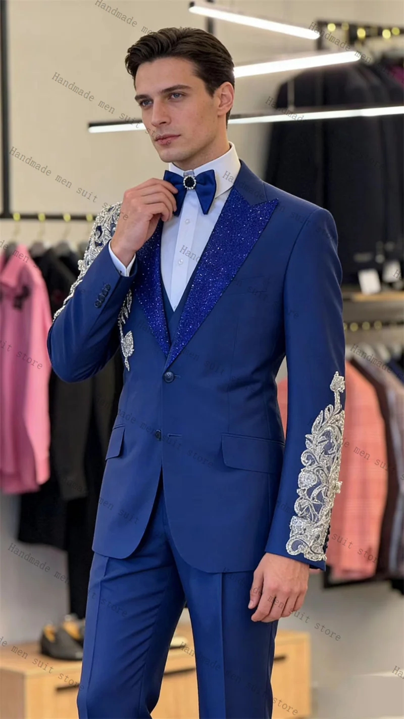 

Blue Men Suit Set 2 Piece Blazer+Cotton Pants Appliqued Prom Wedding Tuxedos Coat Customized Formal Office Fashion Jacket
