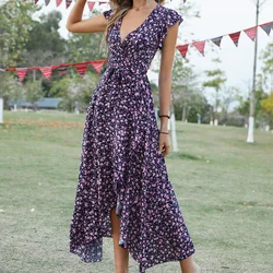 Women V Neck Bohemian Holiday Style Slim Fitting Lace Up Dress