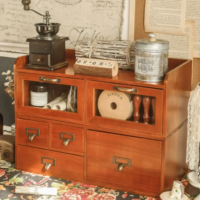 Retro Multi-Function Office Desk Organizer Dressing Table Cosmetics Storage Shelf Office File Drawer Cabinet Workspace Enhancer