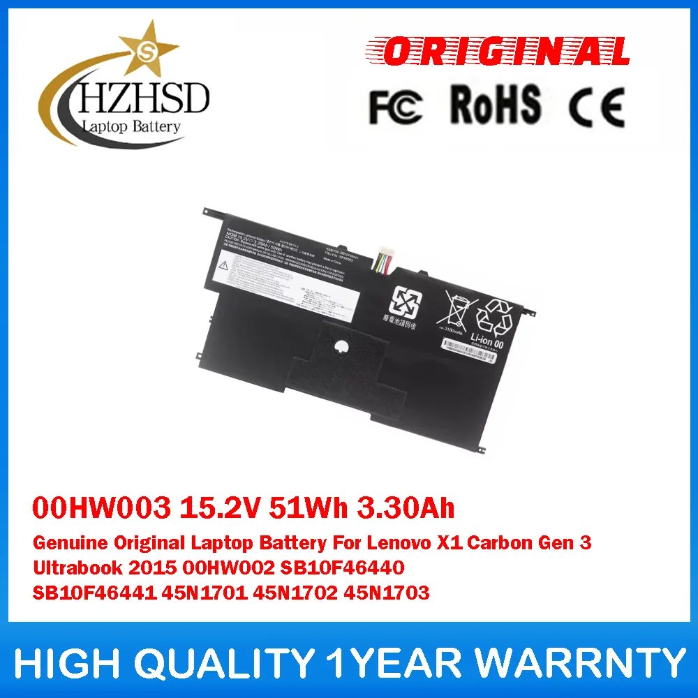 

00HW003 15,2 В 51 Втч 3,30 Ач Оригинальный аккумулятор для ноутбука Lenovo X1 Carbon Gen3 Ultrabook 2015 00HW002 SB10F46440 SB10F46441