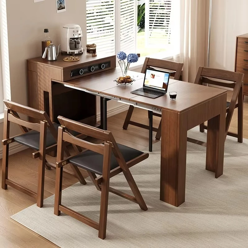 

Mid-century modern Walnut Island dining table, integrated small family dining room, retro style retractable dining table