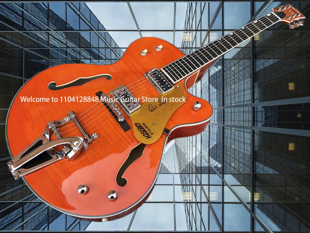 Double F hole hollow body electric Guitar OEM, Flame Maple top, big vibrato system, thick body guitar