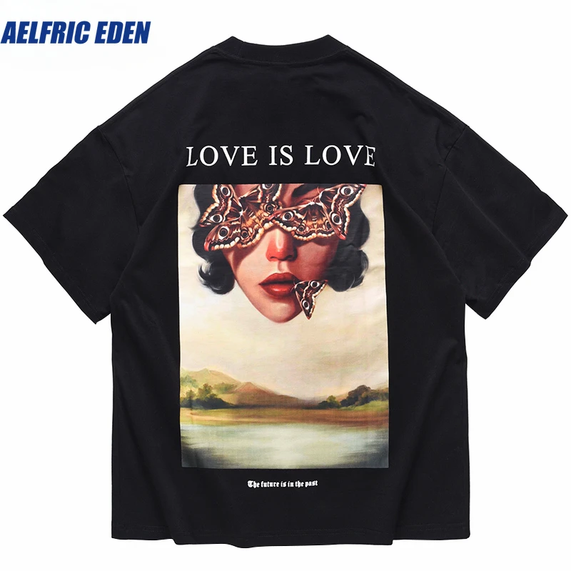 Aelfric Eden Hip Hop Men T-Shirt Streetwear Butterfly Girl Letter Print T Shirt Short Sleeve Tshirt Harajuku Cotton Casual Shirt