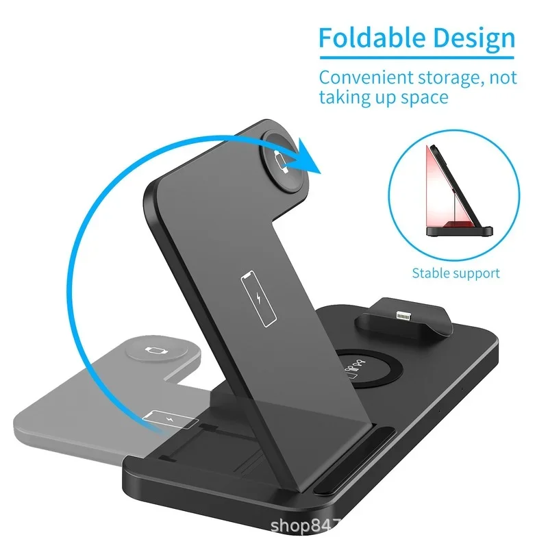 15W Fast Wireless Charger Stand for IPhone 12 11 X 8 Apple Watch 4 In 1 Foldable Charging Dock Station for Airpods Pro I  Watch