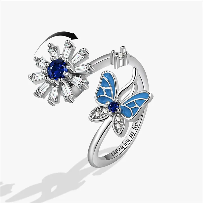 2026 Fashion Beads Anxiety Ring Fidget Spinner Rings Korea Crystal Butterfly Flower Star Moon Ring Anti Stress Jewelry Gift
