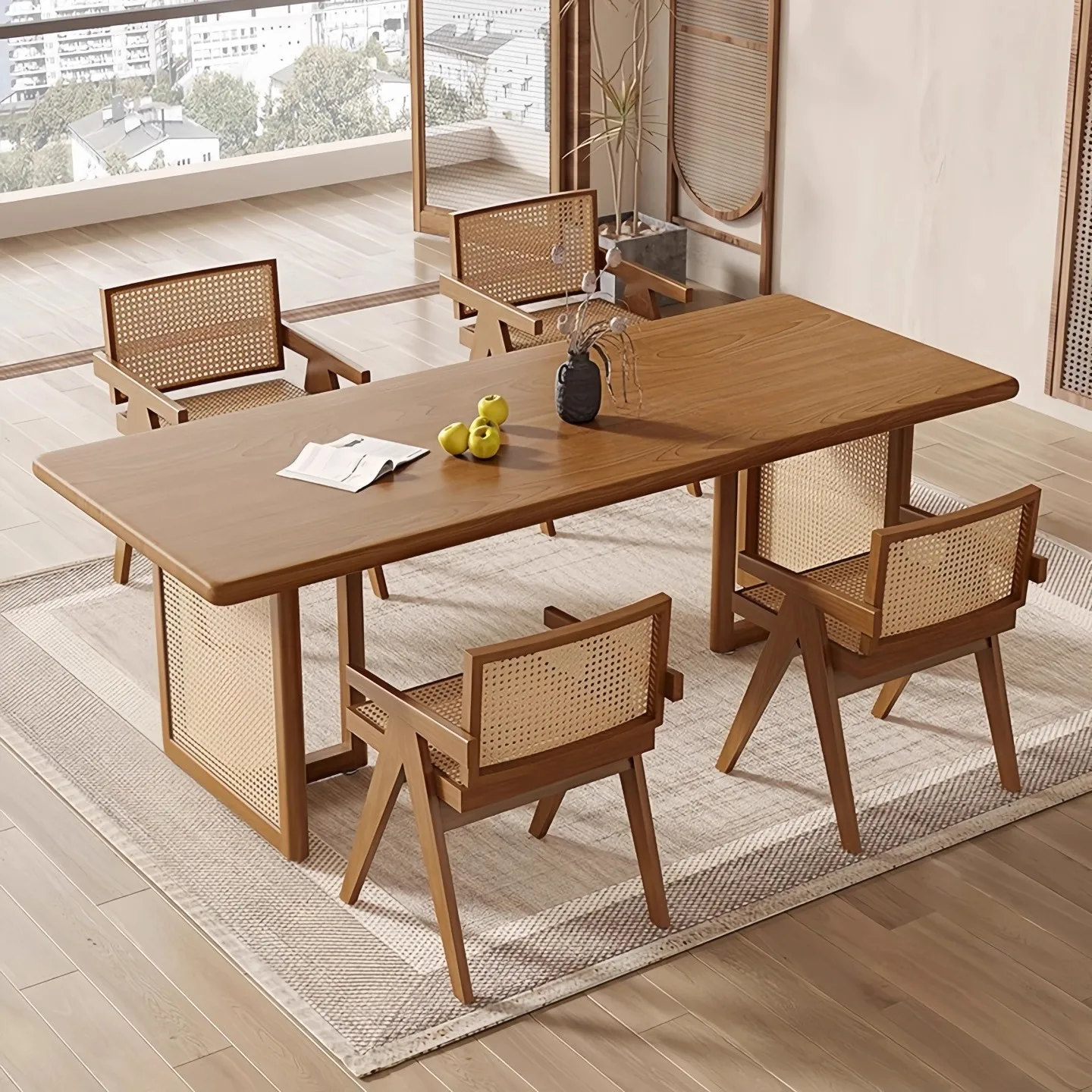 Solid wood rattan dining table B & B household small apartment rectangular eating table log tea