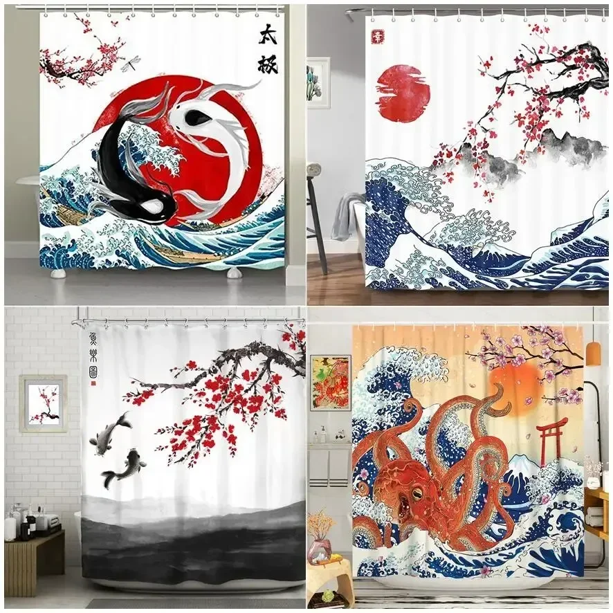 Duschvorhang im japanischen Stil, Koi-Fisch, Kirschblüte, Sonne, Meer, Welle, Oktopus, Landschaft, Polyesterstoff, Vorhänge, Badezimmer-Dekoration