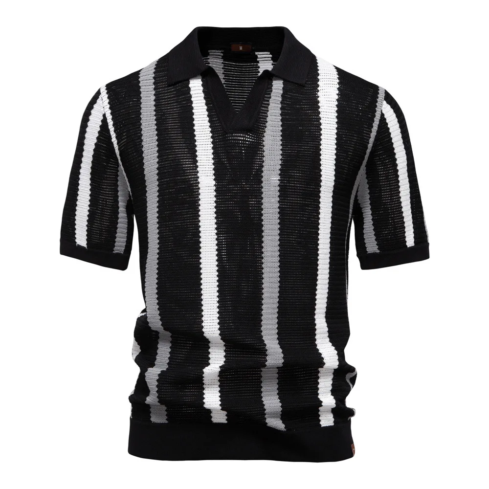 

New summer men's short-sleeved striped knitted POLO shirt with hollow-out design and breathable mesh fabric.