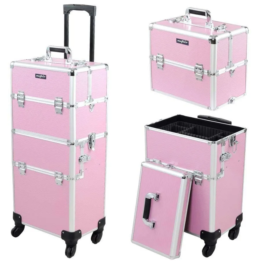 

2 in 1 Rolling Makeup Train Case Makeup Travel Organizer Cosmetic Case Aluminum Cosmetology Display Suitcase on Wheels B