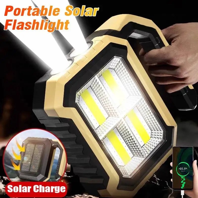 Rechargeable Portable Hand Lamp LED Powerful Flashlight Outdoor Camping Solar Charging Light USB Torch With COB Work Lantern