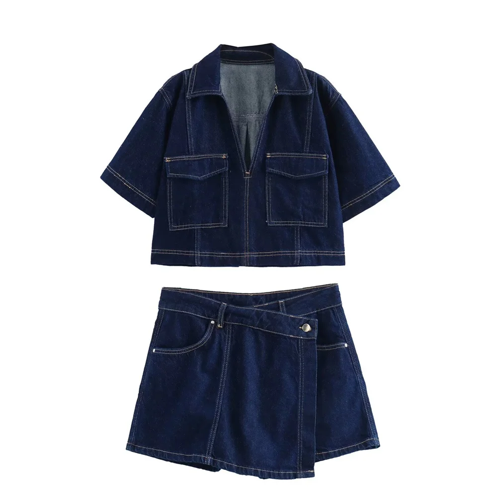 Zach Ailsa 2024 Summer New Women\'s Lapel Short Sleeve Pocket Decoration Short denim Shirt High Waist Skirt Casual Set