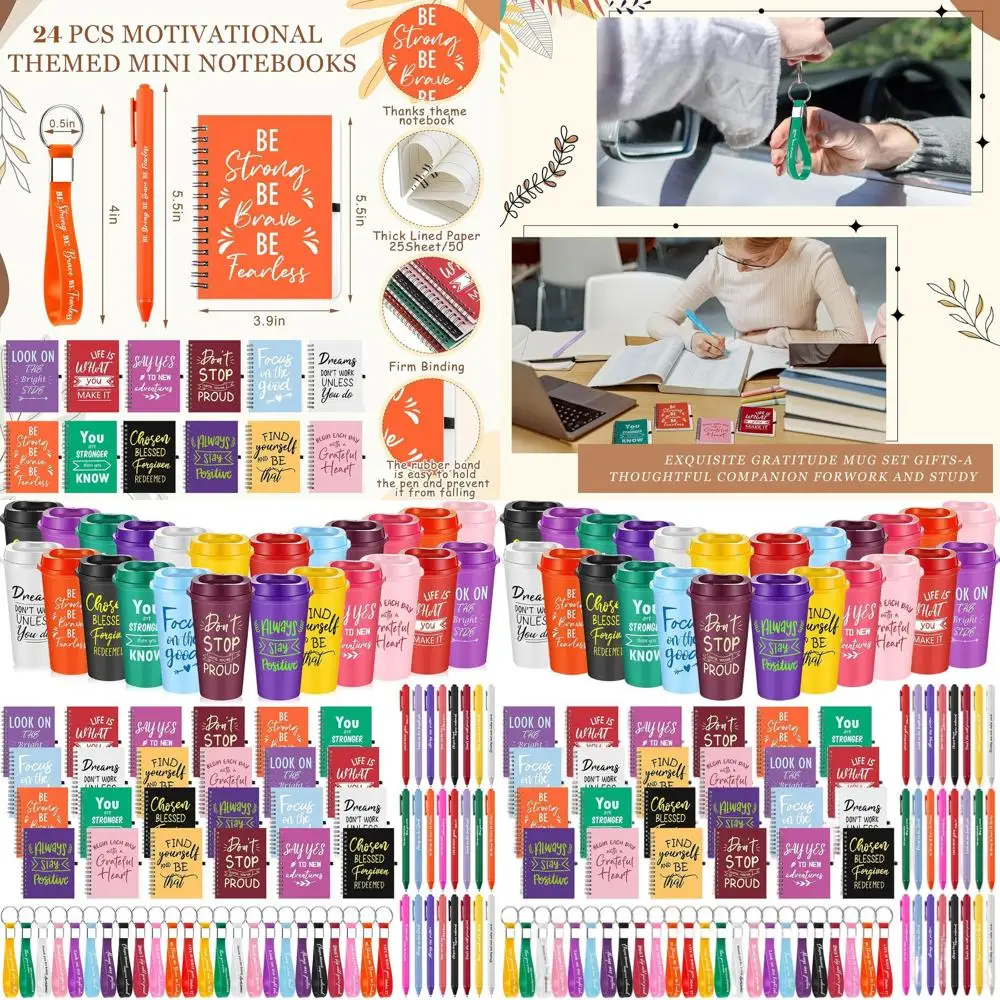 

Bulk 16oz Plastic Cups, Mini Notebooks, Pens & Keychains - 96pc Inspirational Gifts Set for Women & Employees