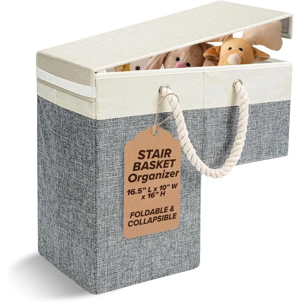 

Складная корзина для хранения льна с крышкой для лестниц: идеально подходит для ковровых и деревянных ступеней, универсальная для стирки, обуви и многого другого