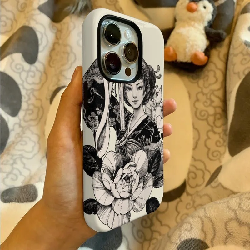 حافظة هاتف نسائية على الطراز الياباني كيمونو مع سيف وزهور لهاتف آيفون 17 16 15 14 11 12 13 Pro Max Air Plus غطاء خلفي