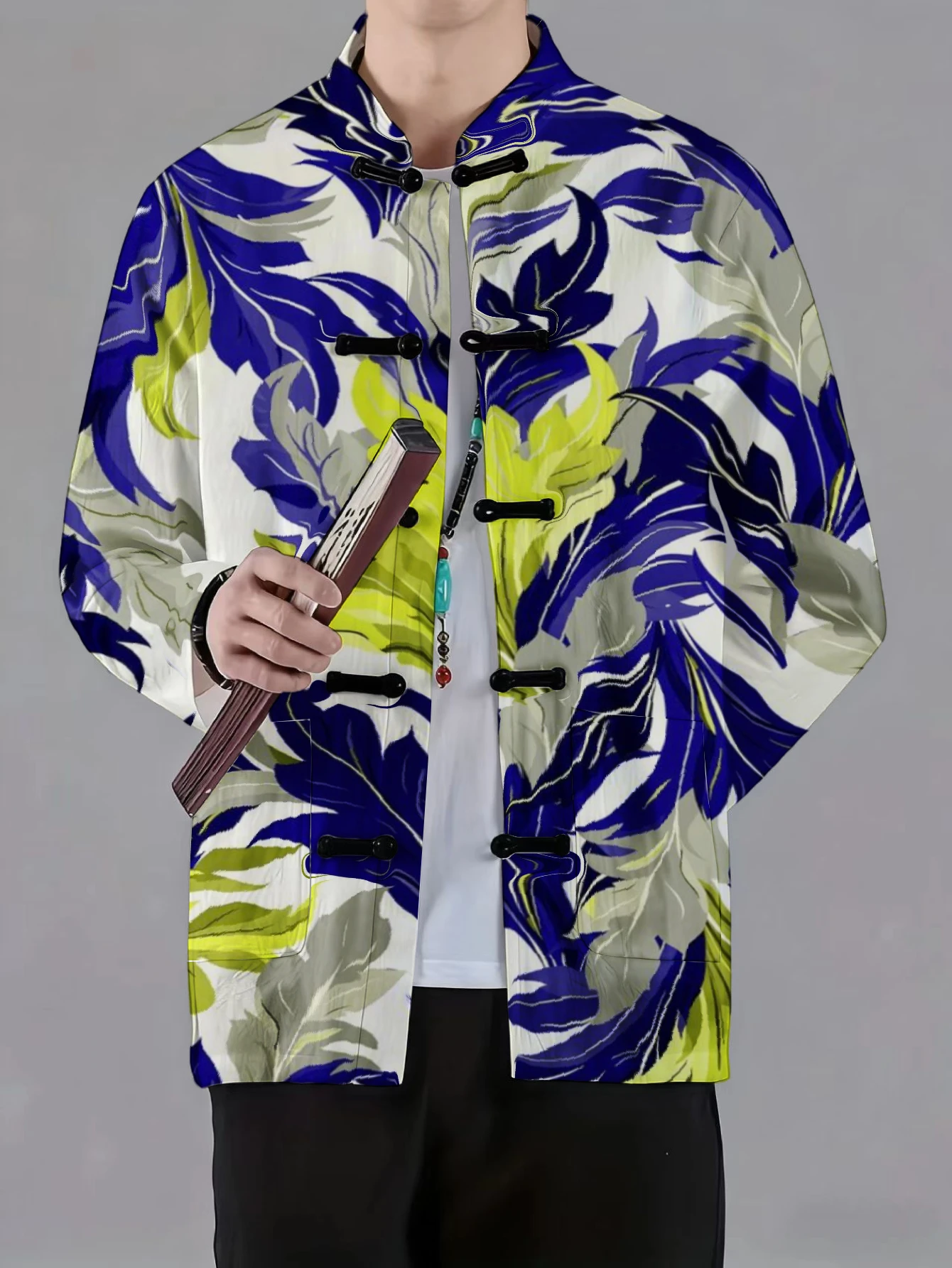 Men Mandarin Collar Frog Button Jacket Palm Foliage Swirl Art Print Traditional Outerwear