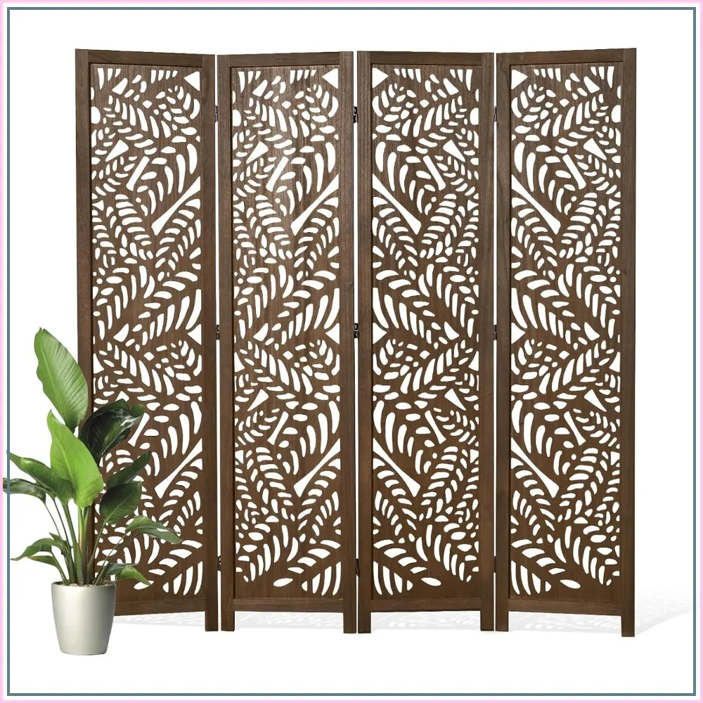 Leaf-Carved Room Divider Privacy Screen 67 Inch Tall Folding Wood Screen Panel Natural Brown 4 Panel