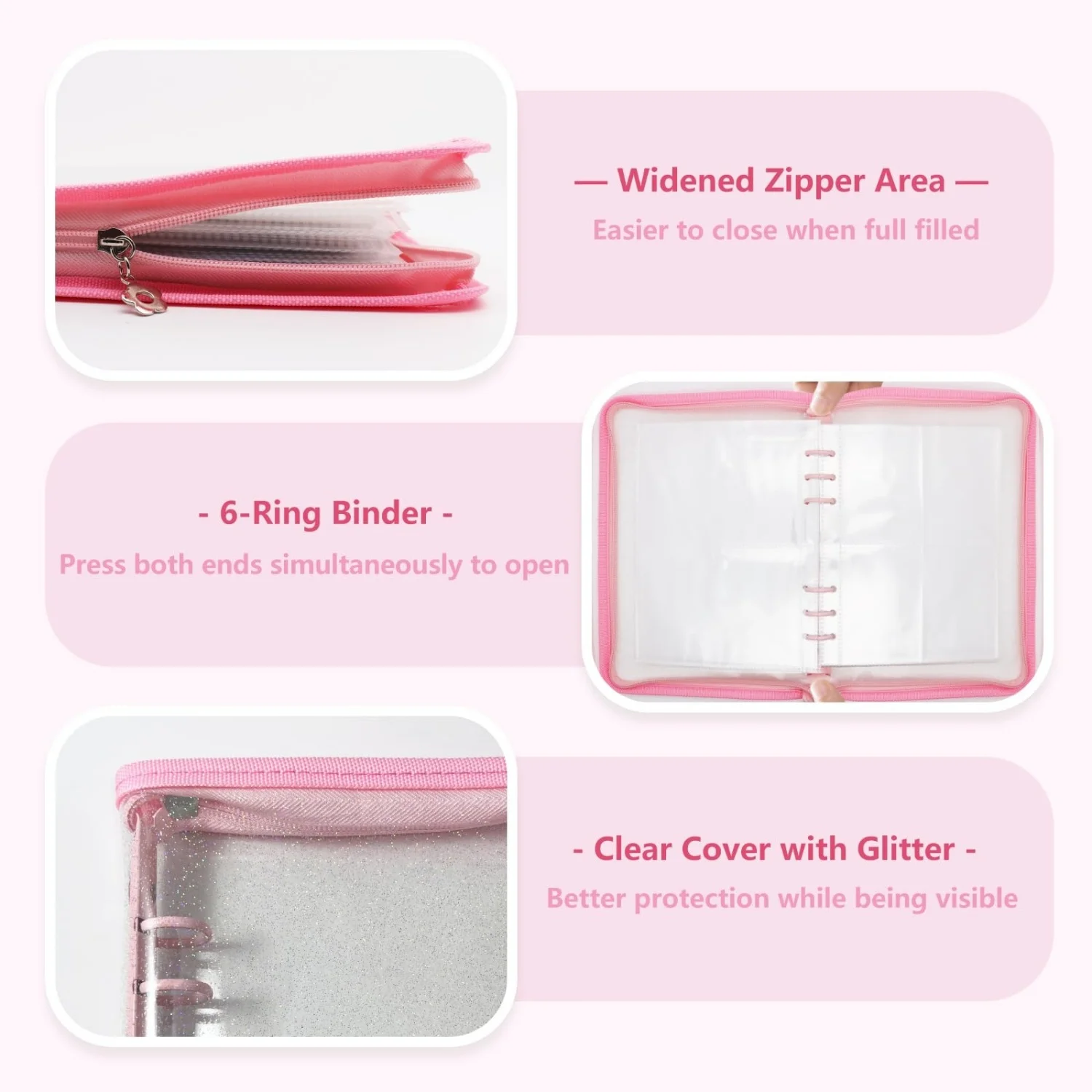 A5 Refillable 6 Ring Clear Soft Zipper Notebook Set with 3 Size Pockets Zipper Binder for Planner Journaling Sticker Collection