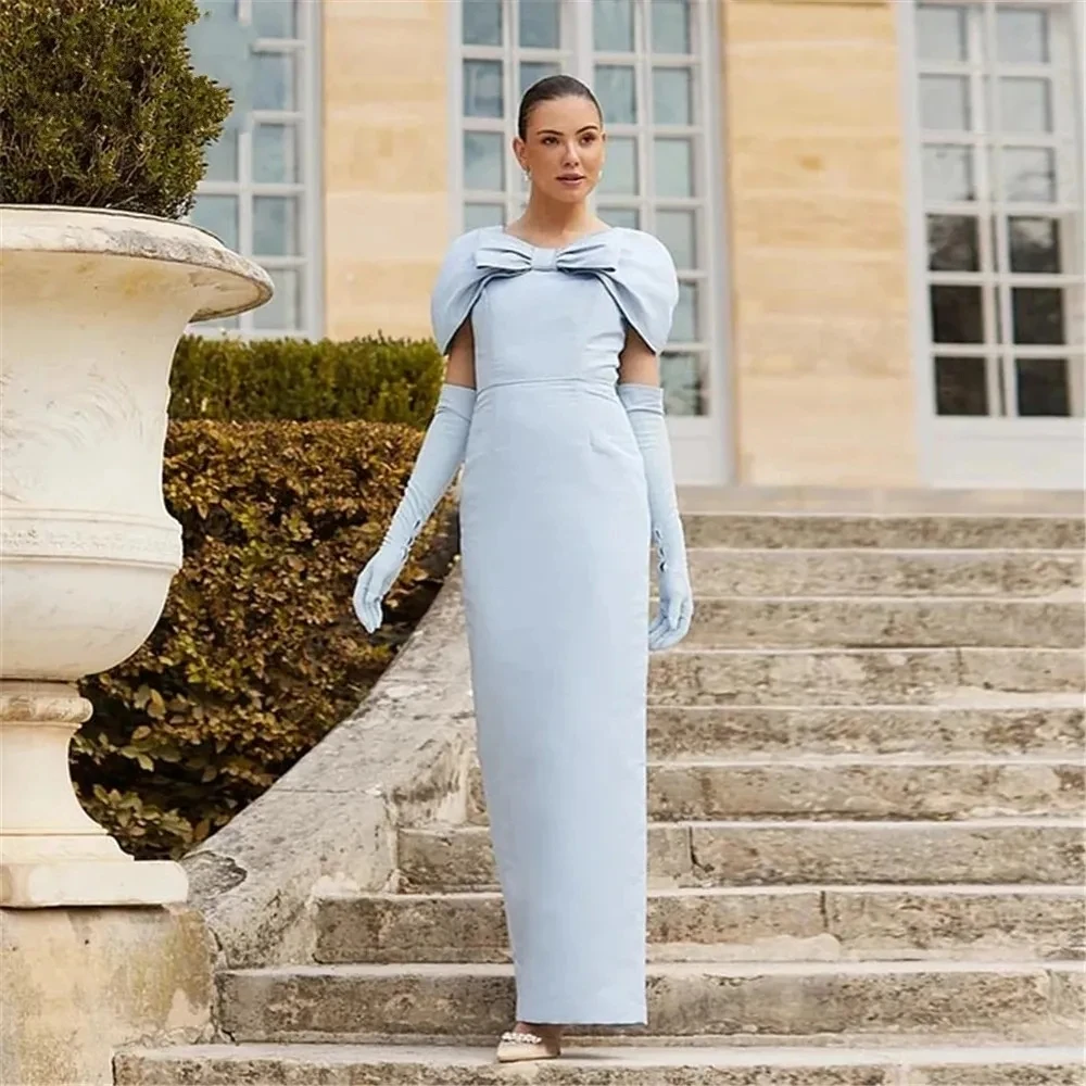 

Stylish and Elegant Light Sky Blue Satin Evening Gown - Cap Sleeves Bow Detail, Vintage Style Back Slit Long Ball Gown