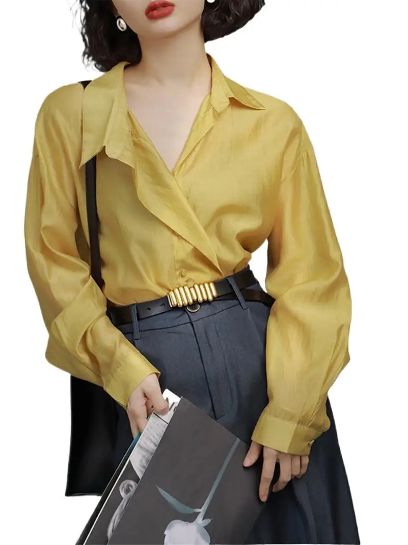 Spring Rayon Office Lady Smooth Mature Intelligence Turn-down Collar Wide Brimmed Shirt Loose Elegant Lightweight Shirts Coats