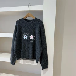 Flower Embroidery Graphic Gray Fuzzy Sweater Fall Winter Warm Women Jumper