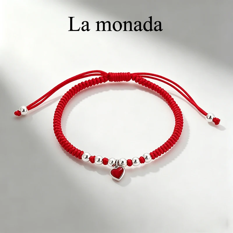 La Monada 925 Sterling Silver Red Braided Cord Heart Charm Adjustable Rope Bracelet Fine Wrist Jewelry For Women