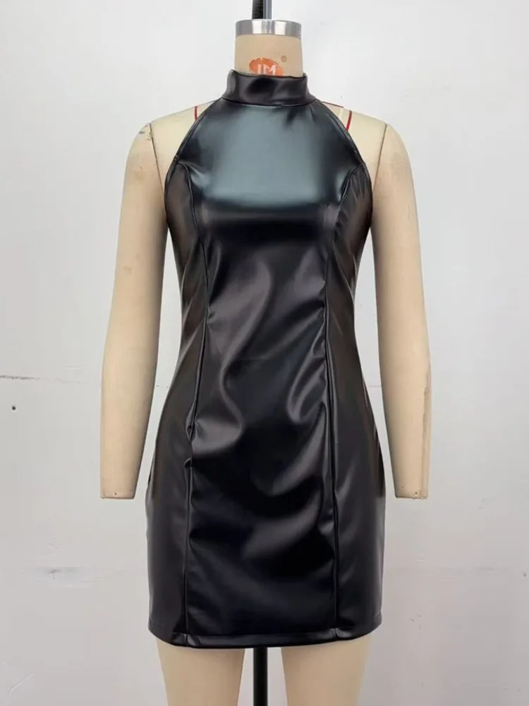 Arctic Cat ElegantแขนกุดBodycon Party Clubชุดราตรีสําหรับผู้หญิง2025ฤดูใบไม้ร่วงฤดูหนาวแฟชั่นแน่นPUหนังซิปชุด