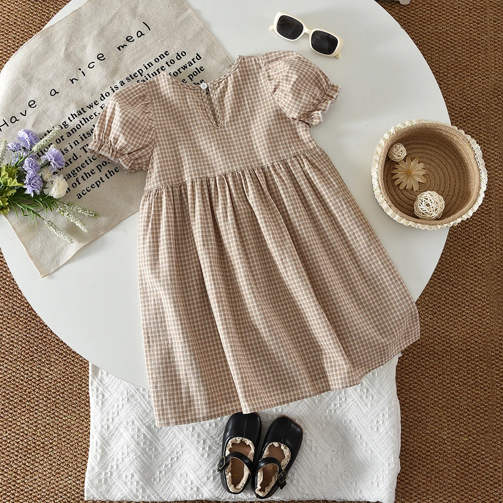 Summer New Casual Countryside Style Bubble Sleeve Lace Checkered Princess Dress for Girls Aged 3-7