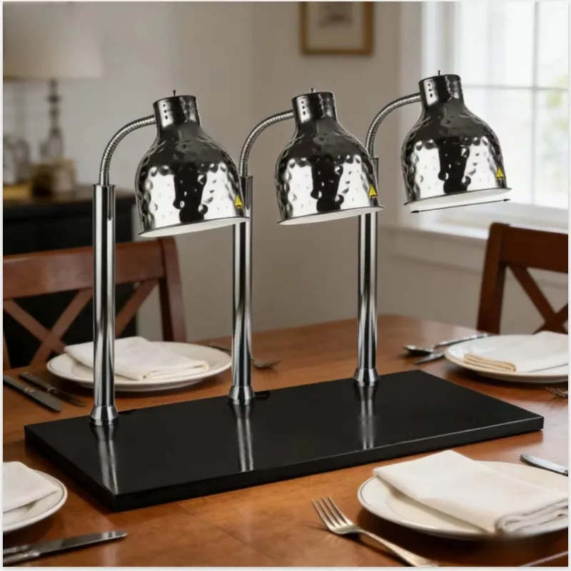 3-Headed Hammered Silver Buffet Food Warmer Stainless Steel Heating Lamp Catering Cafeteria