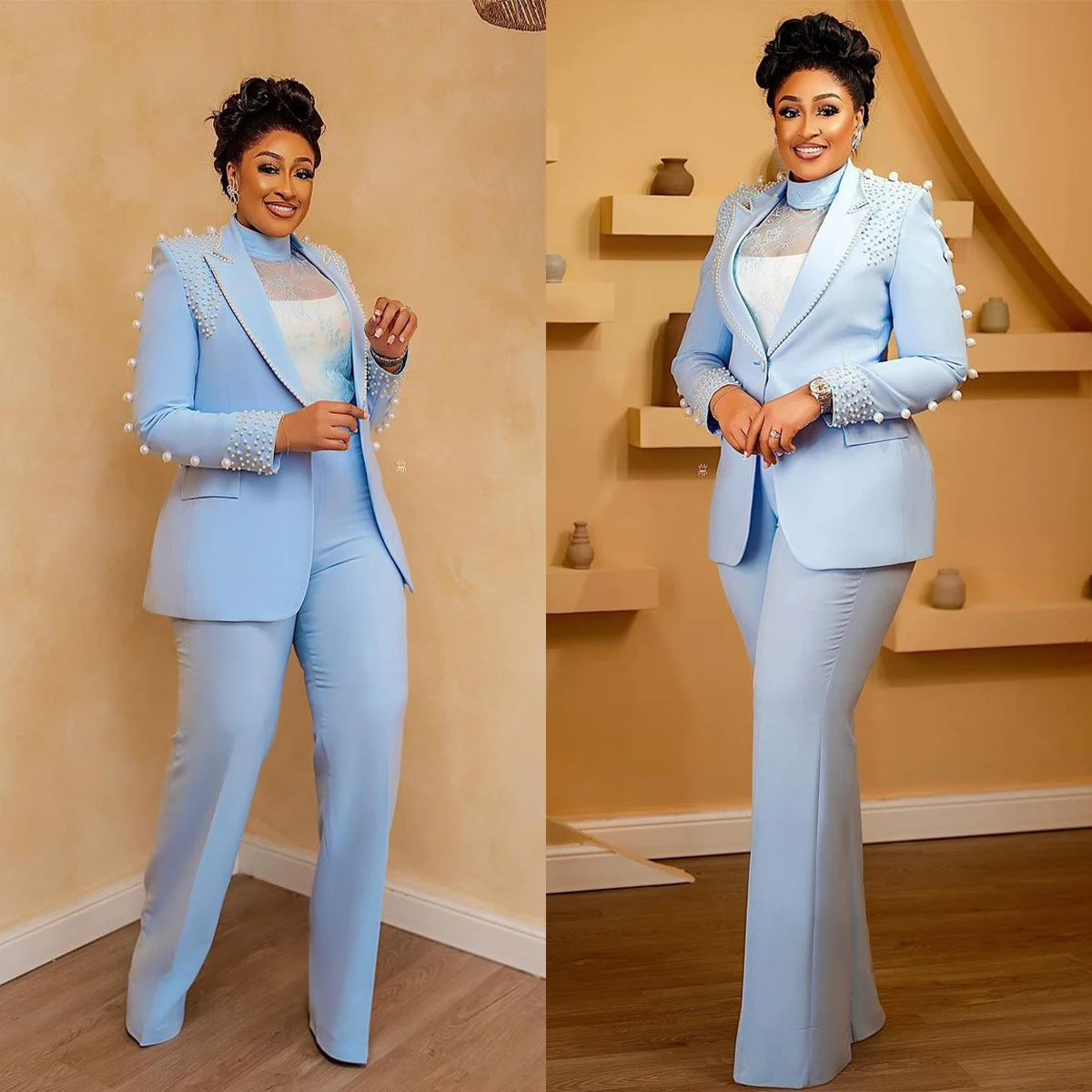 Luxury Women Pants Suits 2 Pcs Plus Size Pearl Beaded Blazer Customized Wedding Guest Suits Formal Wear Evenings Party Outfit