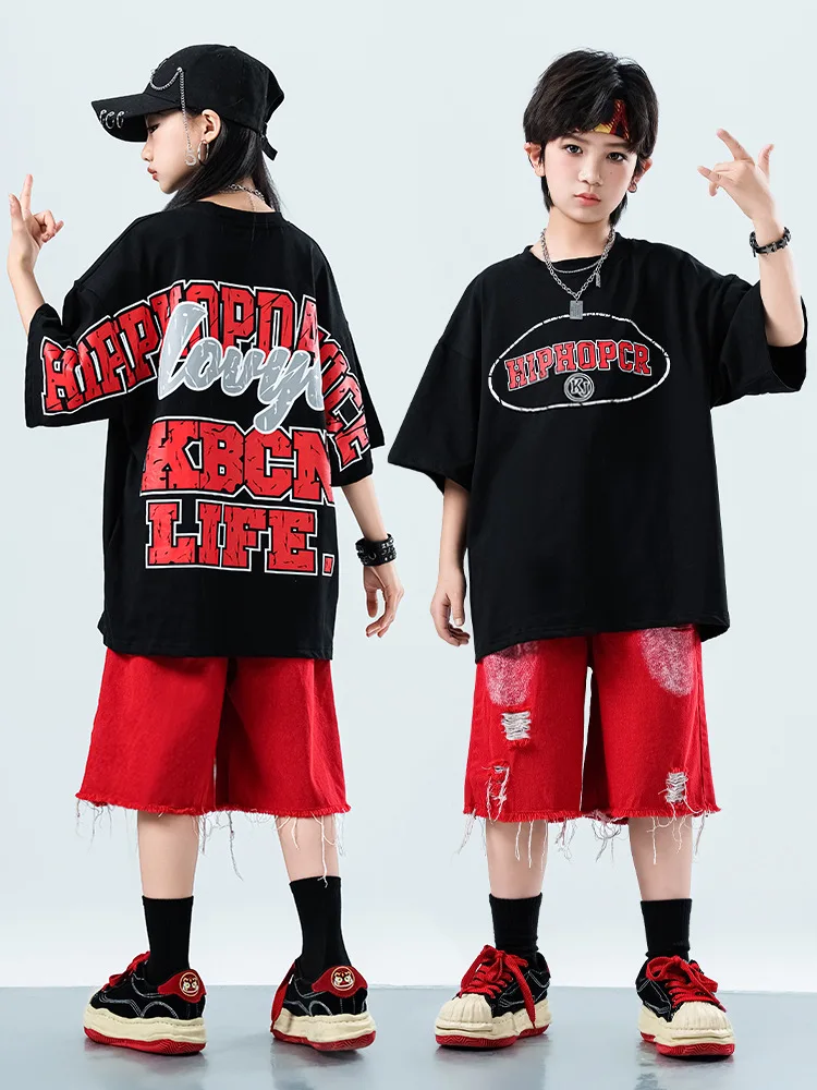 Kid Kpop Hip Hop Clothing Black Letters T Shirt Red Casual Ripped Distressed Shorts for Girl Boy Jazz Dance Wear Costume Clothes
