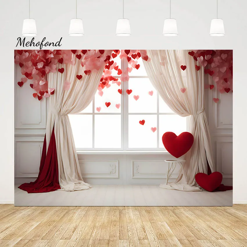 

Mehofond Photography Backdrops Red Love Heart Curtain Decor for Valentine's Day Party Wedding Baby Shower Background Photo Shoot