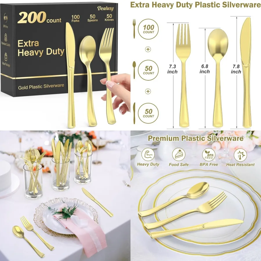 

Набор сверхпрочных золотых пластиковых столовых приборов с 200 штуками для походов на открытом воздухе, пикников и общественного питания: 100 вилок, 50 ложок, 50 ножей, без BPA