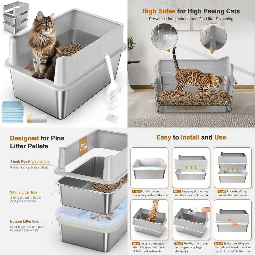 

High-Sided Metal Sifting Cat Litter Box for Pine Pellets, 23.6L x 15.7W x 13H, Enclosed Sift, Large Capacity, Easy Clean