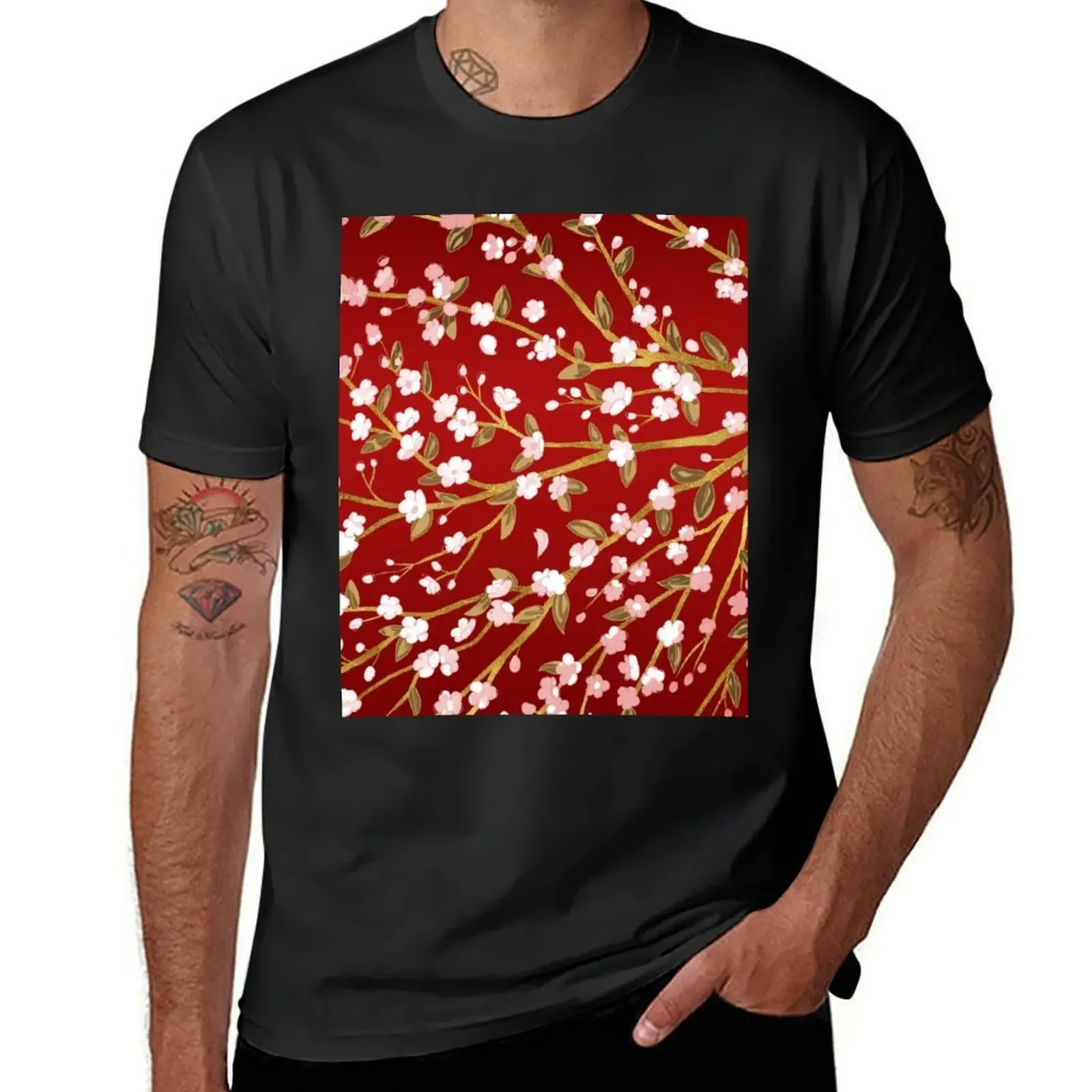 White-Pink Cherry Blossoms Sakura branches all over Red T-Shirt customizeds custom shirt blue archive clothes for men