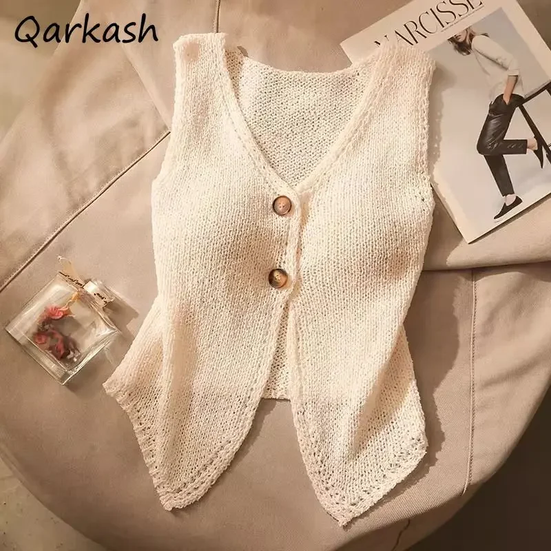 

Sweater Vests Women Single Breasted V-neck Solid Casual Elegant Gentle Korean Fashion Fresh Simplicity Streetwear Knitted Chic