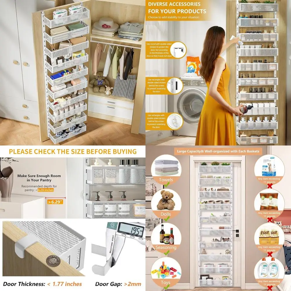 

10-Tier Mesh Door Hanging Pantry Organizer, Adjustable Spice Rack for Kitchen, Bathroom, Bedroom, and Baby Items Storage (16 W,
