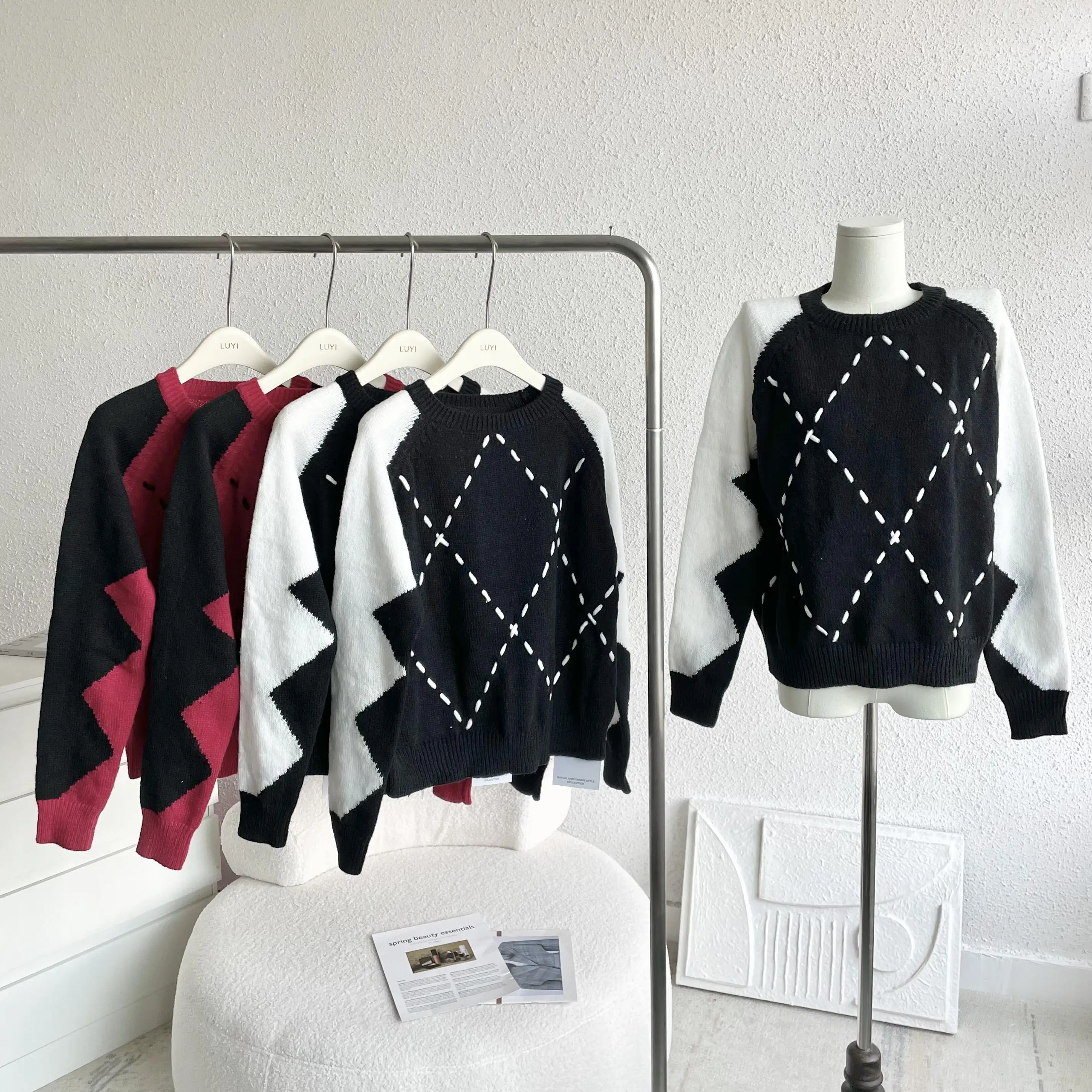 

Color Contrast Sweater Korean Argyle See-through short Sleeve Casual Party College Pullover Sweater