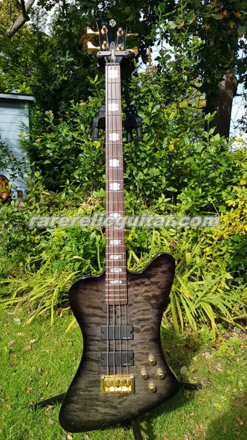 Rare 4 Strings Classic Spectbird Electric Bass Guitar Black Quilted Maple Top, Gold Hardware, Crown Inlay