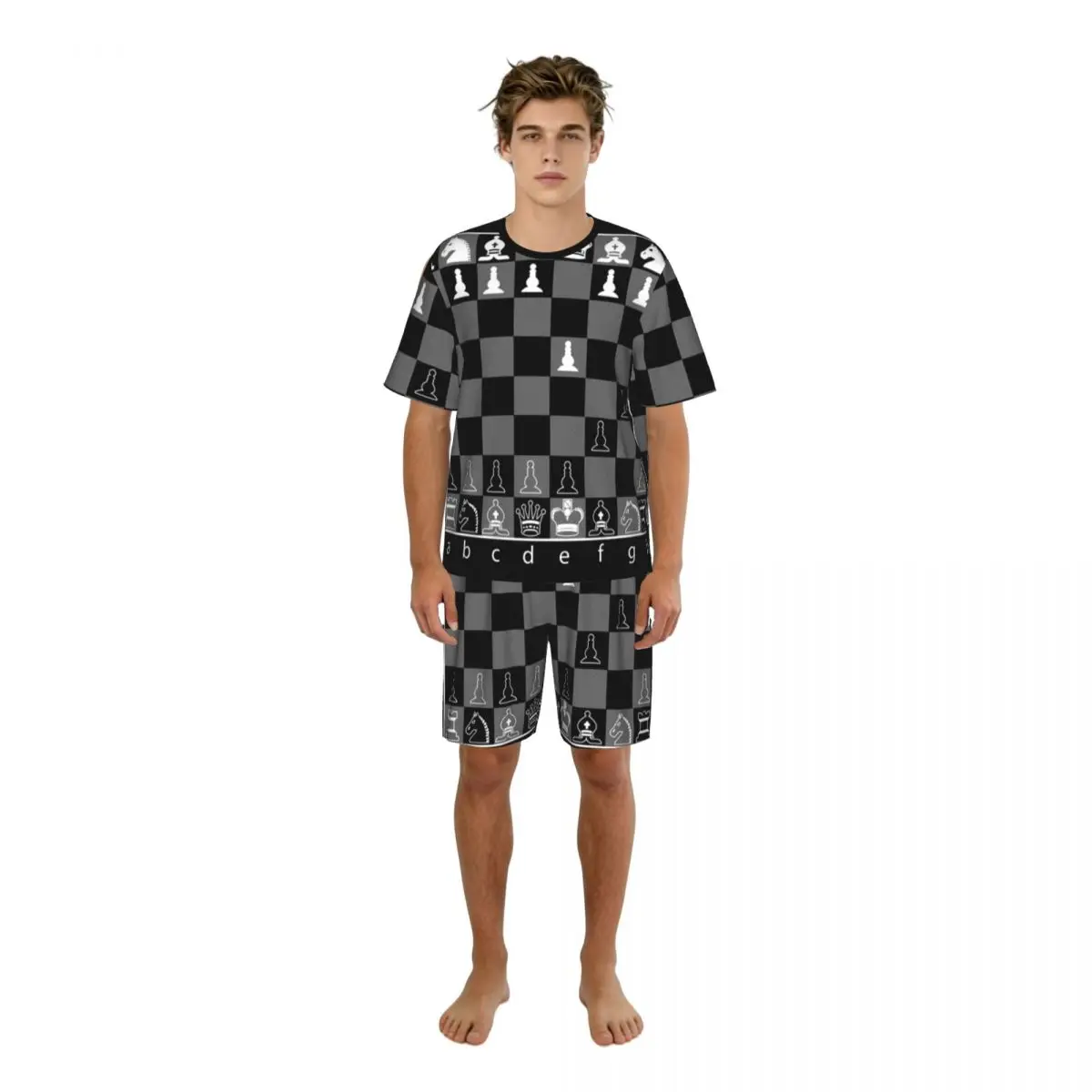 Chess Table Print Men Pajama Set Short Sleeve Breathable Loungewear Nightwear Home Wear Suit