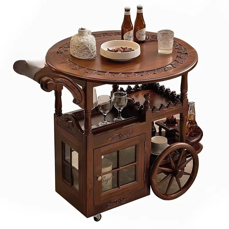 

Dining car hand push all solid wood household double storage cart cabinet mobile American living room coffee table