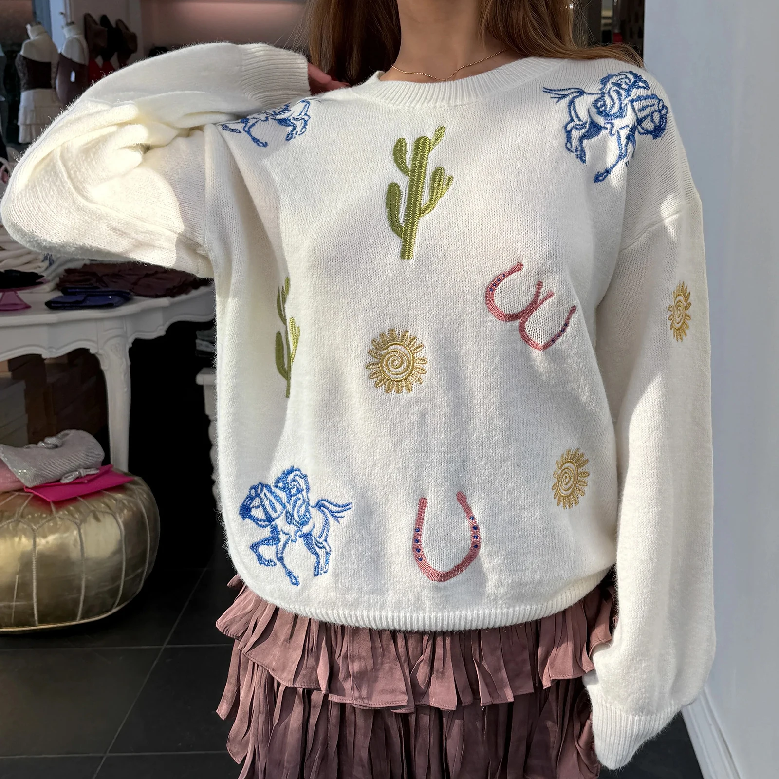 여성용 가을 루즈 스웨터 선인장 태양 자수 긴 소매 라운드 넥 니트웨어 풀오버