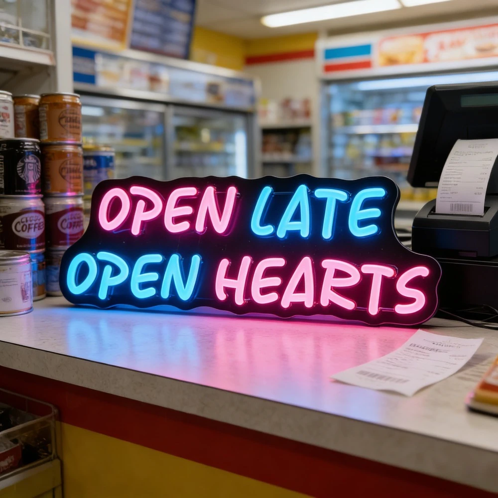 

Неоновая вывеска «Откройте поздно, откройте сердца» для бара, кафе, ресторана, домашнего декора, приветственный знак, романтическое теплое освещение, светодиодный настенный декор