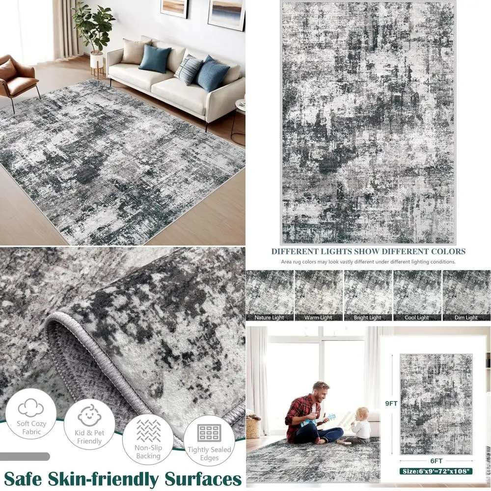 

6x9 Neutral Modern Rug with Non-Slip Backing for Living Room, Bedroom, and Office (Black/Grey)