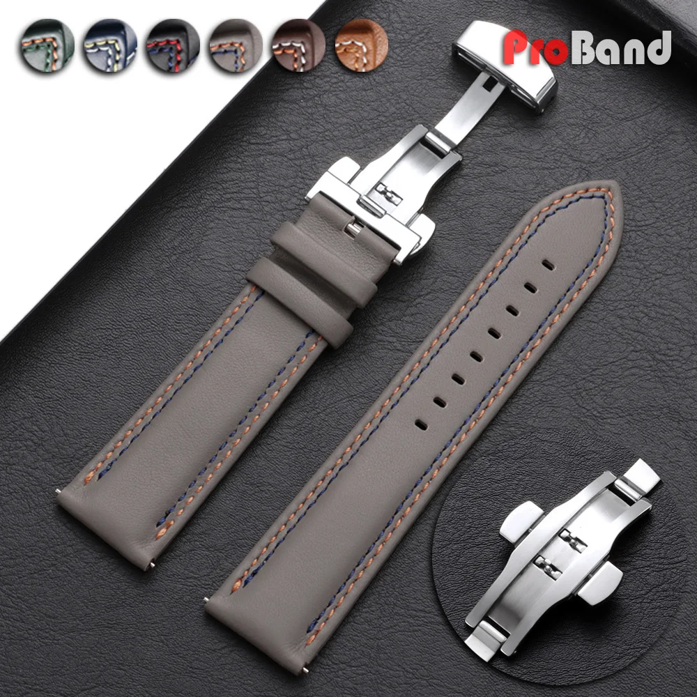 

20 22 24mm Genuine Calfskin Leather Watch Band for Omega Men Women Business Bracelets for Seiko Butterfly Buckle Stitching Strap