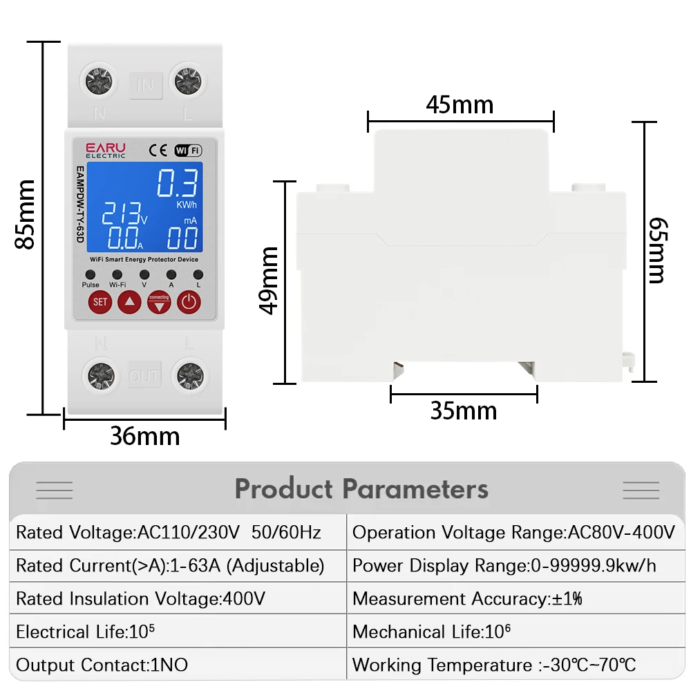 2P Tuya Smart WiFi Circuit Breaker Switch Bi-Directional Energy Meter Timer Measuring Earth Leakage Over Under Voltage Protector