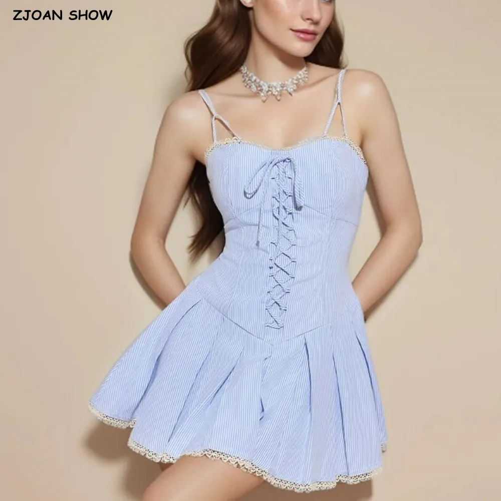 2025 Sexy Blue Striped Mini Sling Dress Women Cross Lacing Up Front Low Waist Splice Lace Pleated Hem Dresses Back Zipper Robe