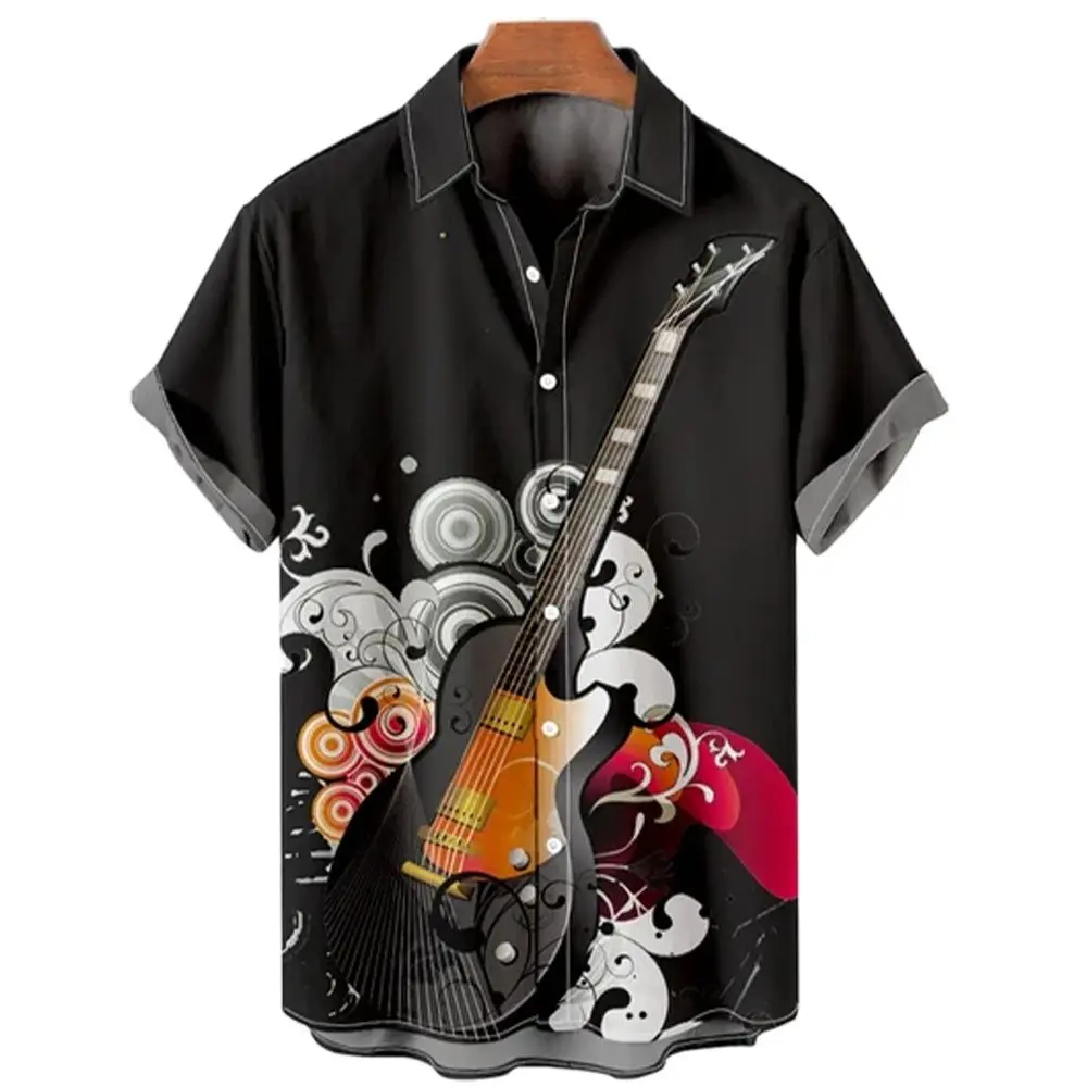 Men's Music Guitar Printed Shirt, Rock Hip-hop Clothing, Short Sleeved Beach Shirt, Outdoor Street Social Retro Shirt