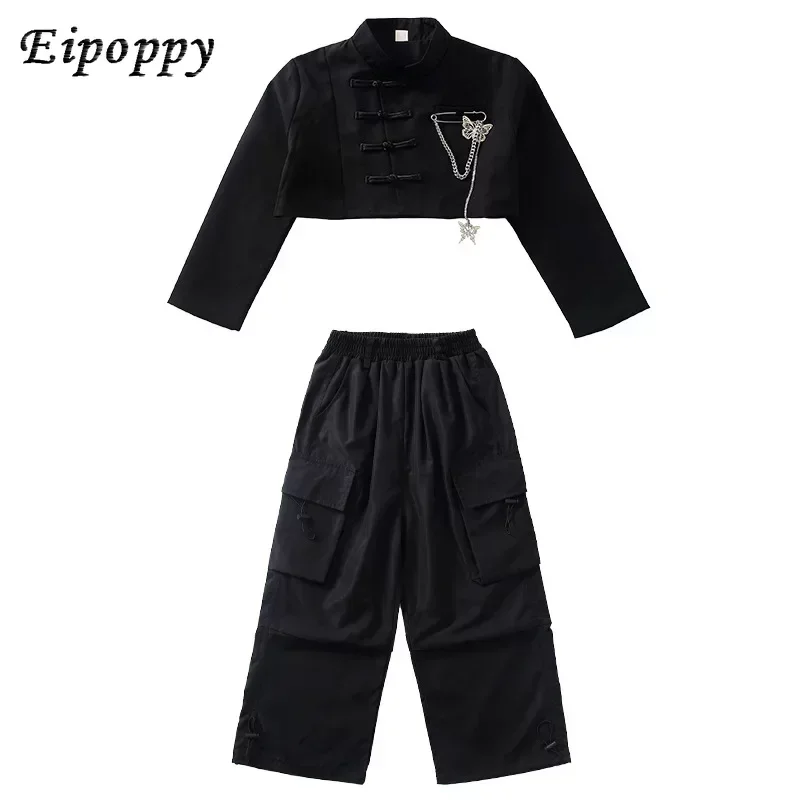 قميص بزر ضفدع أسود وأعلى محصول للفتيات ، سراويل بضائع واسعة غير رسمية ، ملابس رقص الجاز ، ملابس الرقص